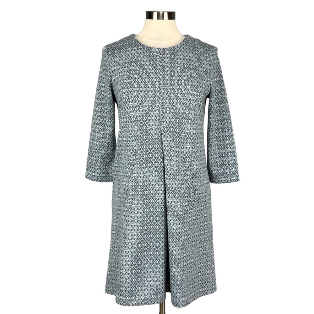 Tyler Boe Cindy Dress Inverted Pleat Blue Gray Geo Print Pockets Medium